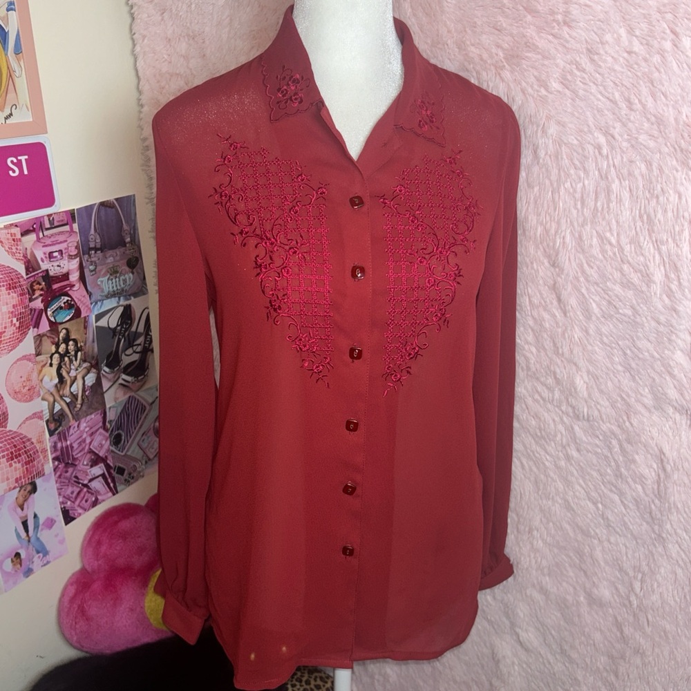 Elegant Red Embroidered Women's Top